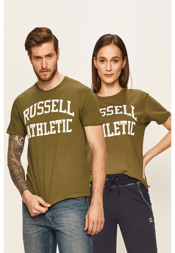 Russell Athletic - T-shirt. Okazja: na co dzień. Kolor: zielony. Materiał: bawełna, dzianina. Wzór: nadruk. Styl: casual