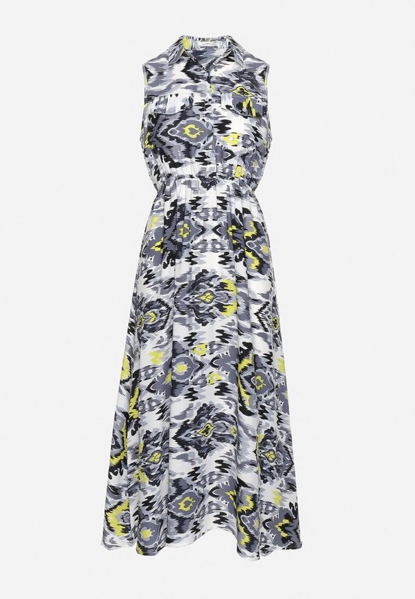 Born2be - Szaro-Biała Sukienka Rozkloszowana z Klapami przy Dekolcie w Abstrakcyjny Wzór Elebia. Okazja: na co dzień, na imprezę. Kolor: szary. Materiał: tkanina. Sezon: lato. Typ sukienki: rozkloszowane. Styl: casual, klasyczny