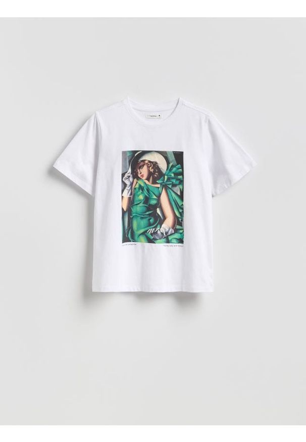 Reserved - T-shirt z nadrukiem - biały. Kolor: biały. Materiał: dzianina, bawełna. Wzór: nadruk