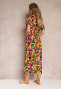 Renee - Żółto-Fuksjowa Rozkloszowana Sukienka Maxi z Gumką w Pasie z Wiskozy Femia. Kolor: żółty. Materiał: wiskoza. Długość: maxi