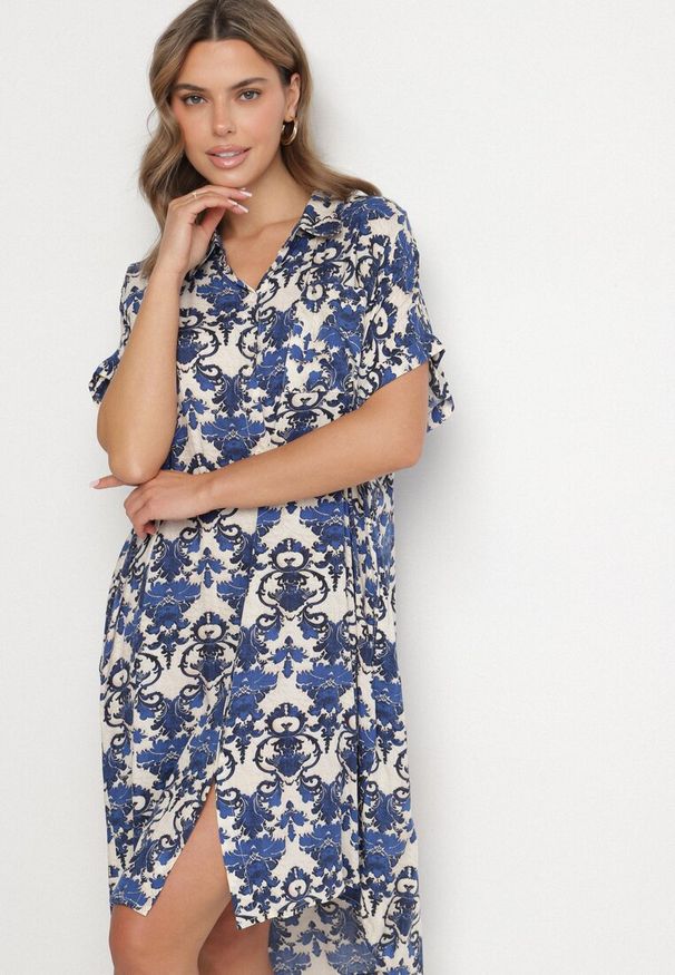Born2be - Granatowa Pudełkowa Sukienka Koszulowa z Wiskozy w Ornamentalny Print Vanisse. Okazja: na co dzień. Kolor: niebieski. Materiał: wiskoza. Długość rękawa: krótki rękaw. Wzór: nadruk. Sezon: wiosna, lato. Typ sukienki: koszulowe. Styl: casual