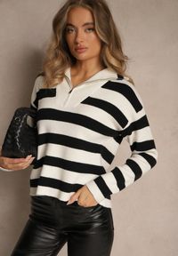 Renee - Czarno-Biały Sweter w Paski z Suwakiem przy Dekolcie Ralanae. Okazja: na co dzień. Kolor: czarny. Materiał: skóra, jeans. Długość rękawa: długi rękaw. Długość: długie. Wzór: paski. Styl: casual, klasyczny #4