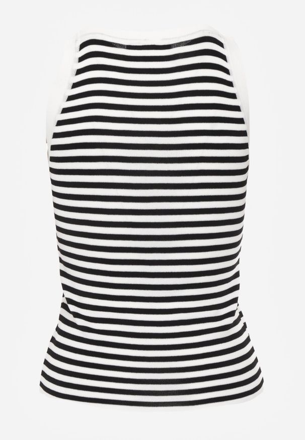 Born2be - Biało-Czarny Top w Paski z Broszką Duzette. Kolor: biały. Materiał: wiskoza, tkanina. Długość rękawa: bez rękawów. Wzór: paski. Styl: elegancki