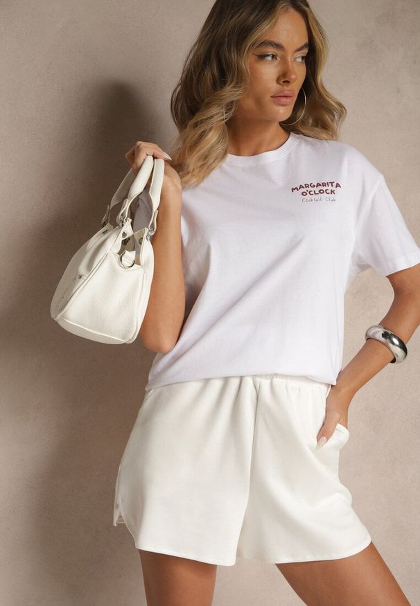 Renee - Biało-Czerwony T-shirt Oversize z Bawełny Ozdobiony Nadrukiem Filiora. Okazja: na co dzień. Kolor: biały. Materiał: bawełna. Wzór: aplikacja, nadruk. Styl: casual