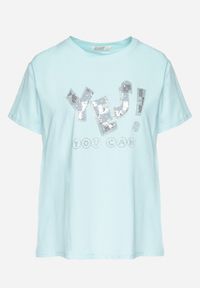 Born2be - Jasnoniebieski T-shirt z Bawełny Ozdobiony Cekinami i Cyrkoniami Camiren. Okazja: na co dzień. Kolor: niebieski. Materiał: bawełna. Wzór: aplikacja. Styl: casual, elegancki #3