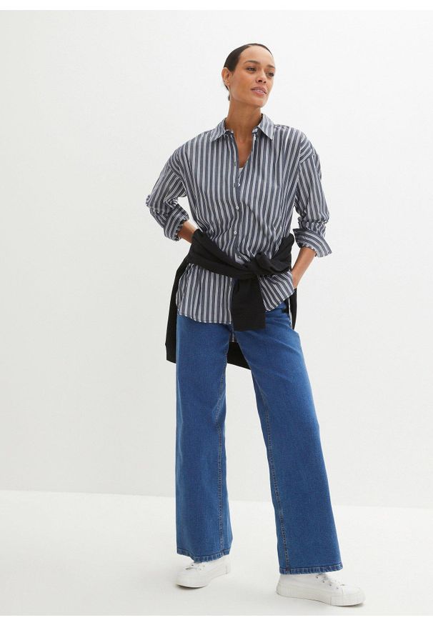 bonprix - Bluzka koszulowa oversize z czystej bawełny. Kolor: niebieski. Materiał: bawełna. Wzór: paski