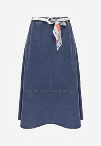 Renee - Granatowa Bawełniana Spódnica Jeansowa o Rozkloszowanym Kroju z Ozdobnym Paskiem Eatiane. Okazja: na co dzień. Kolor: niebieski. Materiał: jeans, bawełna. Wzór: gładki. Styl: casual #4