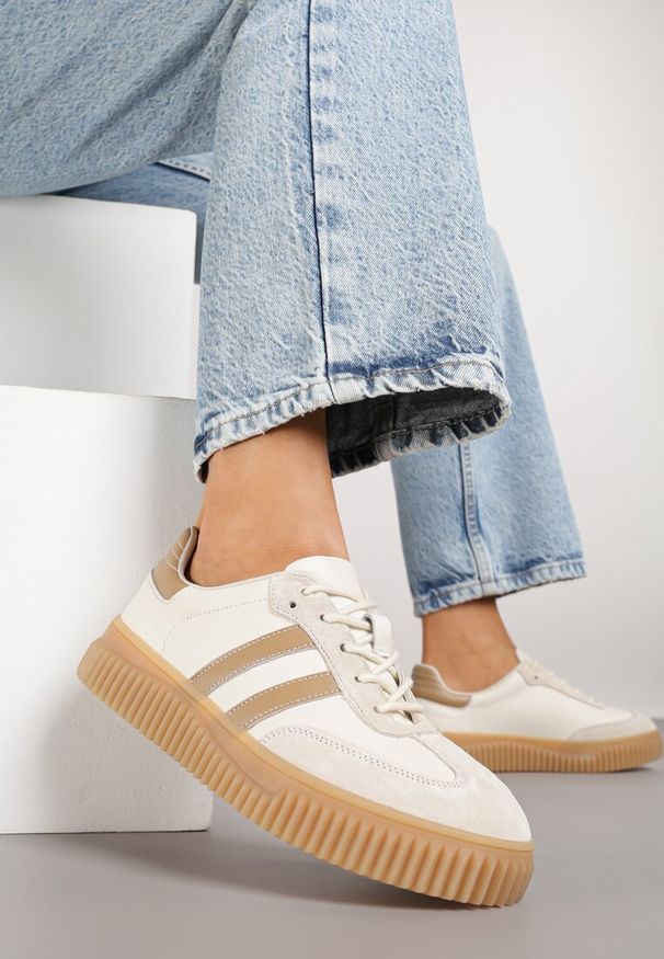 Born2be - Beżowo-Brązowe Skórzane Sneakersy Klasyczne Tenisówki z Zamszu Naturalnego Teniresela. Okazja: na co dzień. Kolor: beżowy. Materiał: zamsz, skóra