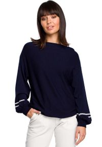 MOE - Granatowy Nietoperzowy Sweter z Bufiastym Rękawem z Lampasami. Kolor: niebieski. Materiał: poliester, wiskoza #1