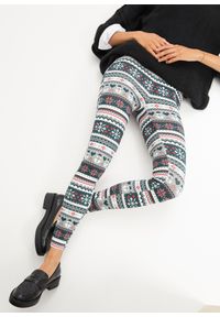 bonprix - Legginsy w bożonarodzeniowy deseń. Kolor: niebieski. Wzór: nadruk #1