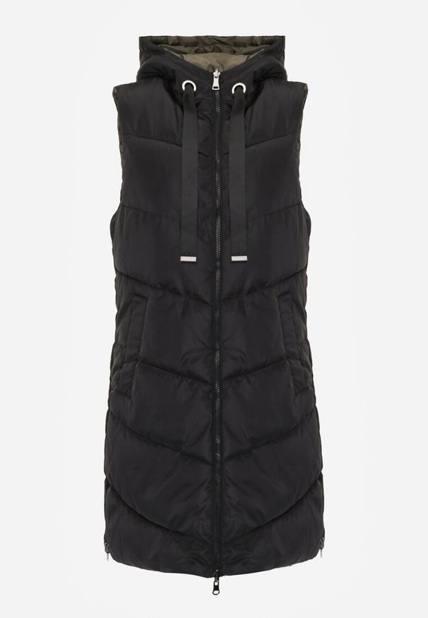 Renee - Czarna Długa Kamizelka Pikowana Dwustronna ze Sznurkami przy Kapturze Frenila. Okazja: na spacer. Kolor: czarny. Materiał: materiał, jeans. Długość: długie