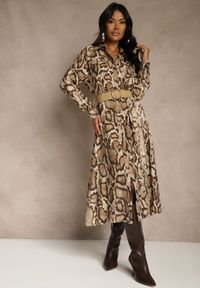Renee - Brązowa Koszulowa Sukienka Snake Print z Wiskozą i Paskiem Bririn. Okazja: na co dzień. Kolor: brązowy. Materiał: wiskoza. Wzór: nadruk. Typ sukienki: koszulowe. Styl: casual #1