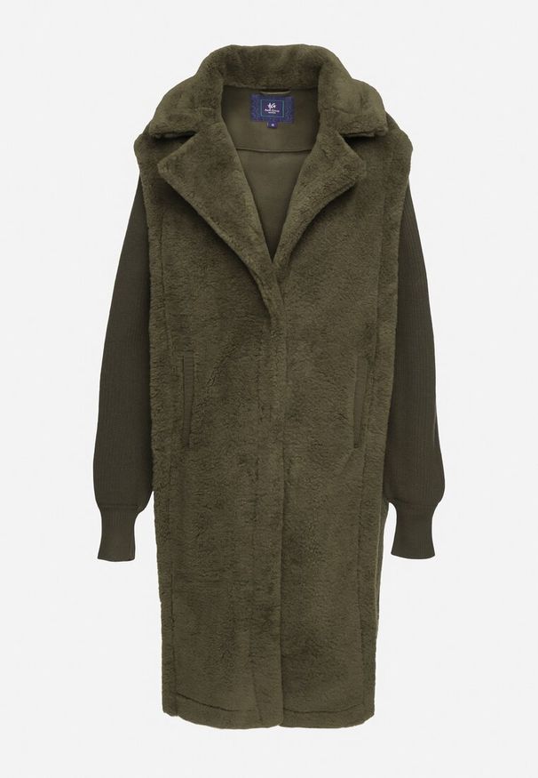 Born2be - Zielony Futrzany Płaszcz z Dzianinowymi Rękawami Ravienna. Okazja: na co dzień. Kolor: zielony. Materiał: dzianina, futro. Styl: elegancki, casual
