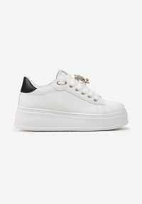 Born2be - Biało-Czarne Sznurowane Sneakersy na Platformie z Ekoskóry z Ozdobnym Misiem Neonda. Kolor: biały. Wzór: aplikacja. Obcas: na platformie #5