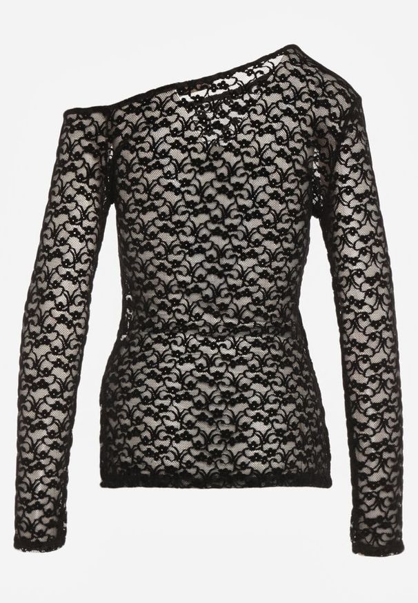 Born2be - Czarna Koronkowa Bluzka z Długim Rękawem i Asymetrycznym Dekoltem Liwedara. Okazja: na co dzień. Kolor: czarny. Materiał: koronka. Długość rękawa: długi rękaw. Długość: długie. Styl: klasyczny, casual, elegancki