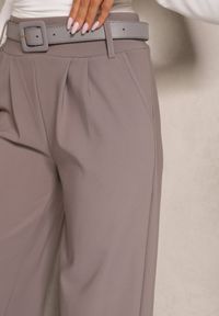Renee - Szare Garniturowe Spodnie High Waist z Gumką i Dodatkowym Paskiem w Talii Mattine. Stan: podwyższony. Kolor: szary. Materiał: dzianina