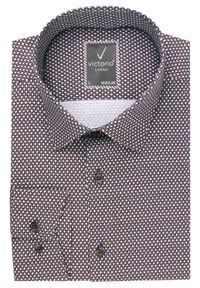 Koszula Wizytowa z Prostym Krojem - Victorio - Brąz, Drobny Wzór. Okazja: na co dzień. Kolor: brązowy, beżowy, wielokolorowy. Materiał: elastan, bawełna. Długość rękawa: długi rękaw. Długość: długie. Styl: wizytowy #1