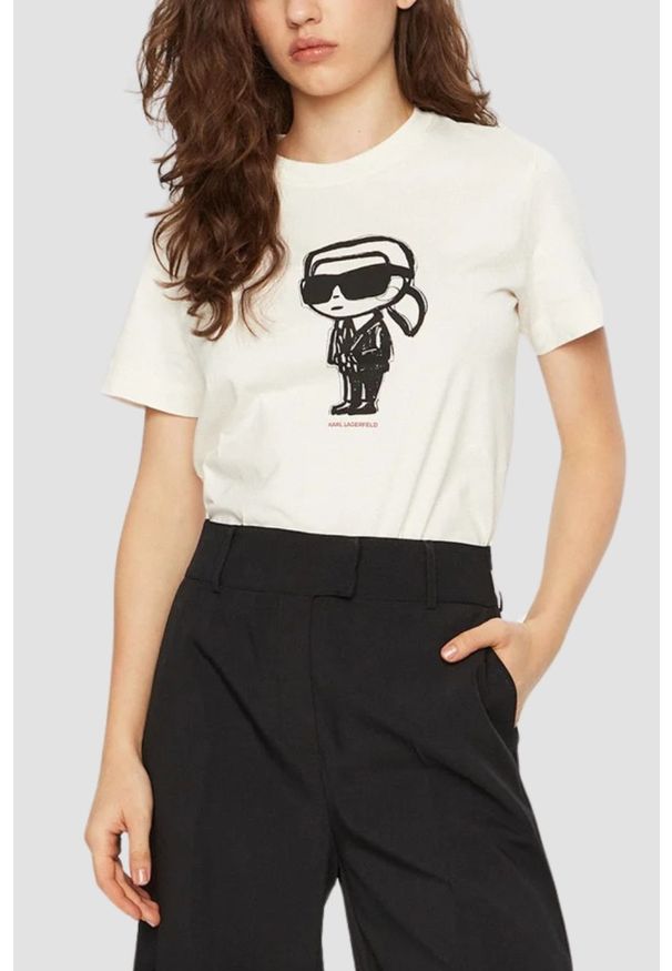 Karl Lagerfeld - KARL LAGERFELD Beżowy damski t-shirt Ikon Sketch Karl, Rozmiar XS. Kolor: beżowy. Materiał: materiał