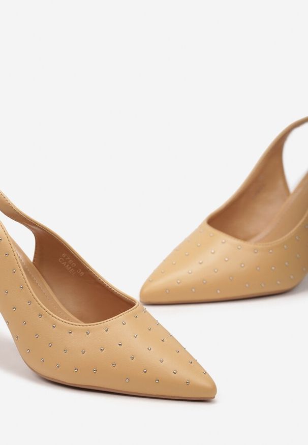 Born2be - Jasnobrązowe Sandały z Ekoskóry z Kryształkami na Szpilce z Wiązaniem Vlegia. Kolor: brązowy. Wzór: aplikacja. Obcas: na szpilce. Styl: elegancki