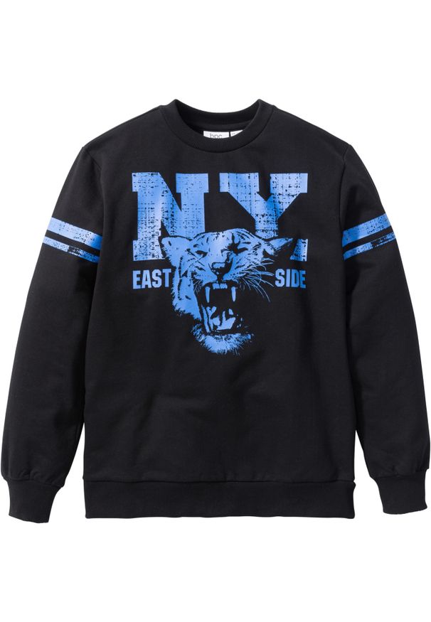 bonprix - Bluza chłopięca z nadrukiem, ze zrównoważonej bawełny. Kolor: czarny. Materiał: bawełna. Wzór: nadruk. Styl: sportowy