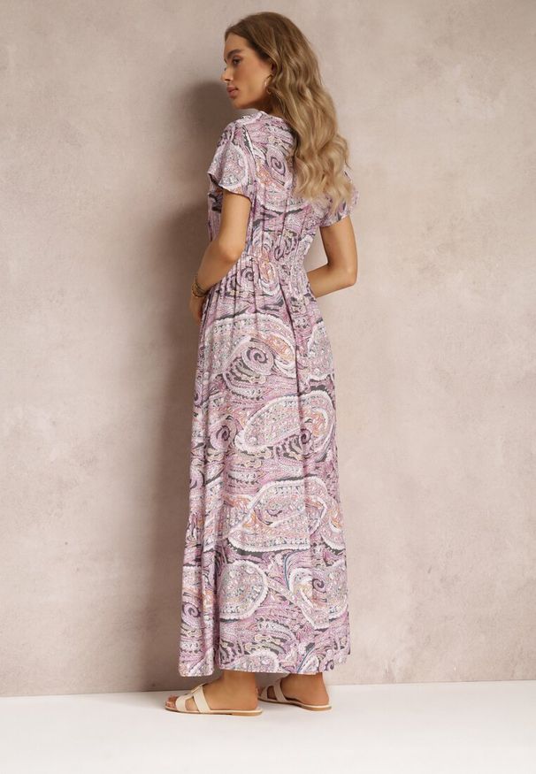 Renee - Fioletowa Wiskozowa Sukienka z Gumką w Pasie i Kopertowym Dekoltem Asima. Kolor: fioletowy. Materiał: wiskoza. Typ sukienki: kopertowe