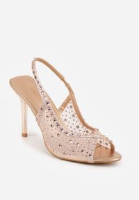 Born2be - Szampańskie Sandały na Szpilce VICES z Transparentną Cholewką i Cyrkoniami Imelle. Nosek buta: otwarty. Kolor: złoty. Materiał: skóra, materiał. Wzór: aplikacja. Sezon: lato. Obcas: na szpilce. Styl: klasyczny. Wysokość obcasa: średni #6