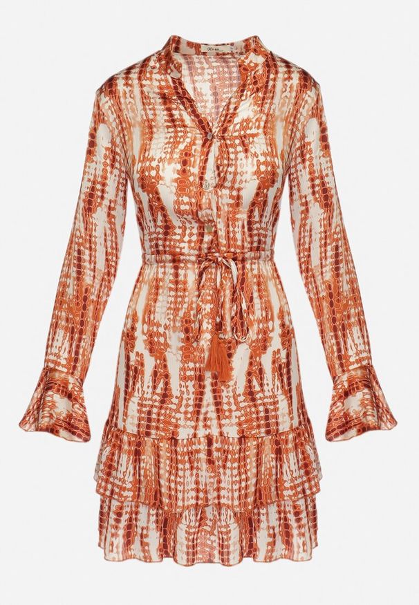 Born2be - Pomarańczowa Sukienka Mini Ozdobiona Falbankami i Akwarelowym Wzorem Panava. Typ kołnierza: kołnierz z falbankami. Kolor: pomarańczowy. Długość rękawa: długi rękaw. Wzór: aplikacja. Długość: mini