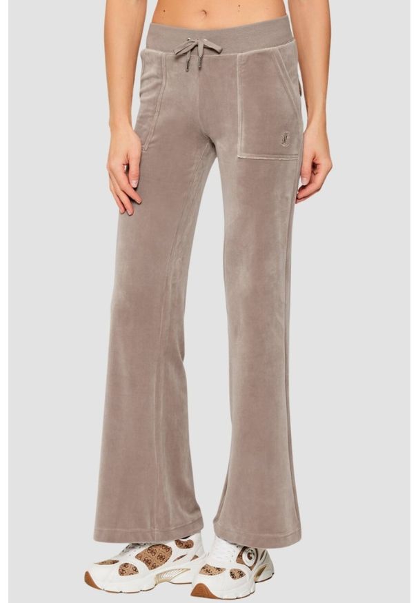 Juicy Couture - JUICY COUTURE Ciemno-beżowe spodnie dresowe damskie Layla Low Rise Pocket, Rozmiar XS. Stan: obniżony. Kolor: beżowy. Materiał: dresówka