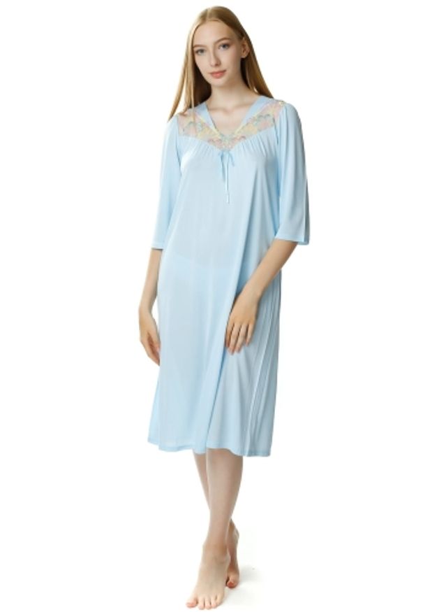 MEWA Lingerie - Niebieska koszula nocna Diana Spring. Kolor: niebieski. Materiał: jedwab, wiskoza, poliamid, dzianina, materiał, koronka. Wzór: aplikacja, koronka
