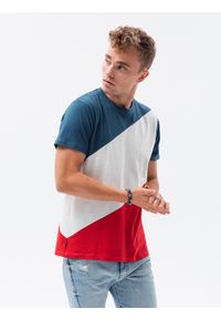 Ombre Clothing - T-shirt męski bawełniany trzykolorowy - niebiesko/czerwony V6 S1627 - XL. Kolor: czerwony. Materiał: bawełna #6