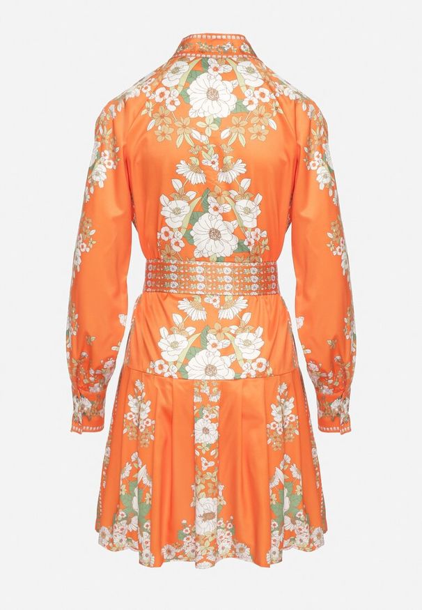 Born2be - Pomarańczowa Sukienka Koszulowa w Kwiatowy Wzór z Bufiastymi Rękawami i Paskiem Aladira. Okazja: na co dzień. Kolor: pomarańczowy. Wzór: kwiaty. Typ sukienki: koszulowe. Styl: casual, elegancki