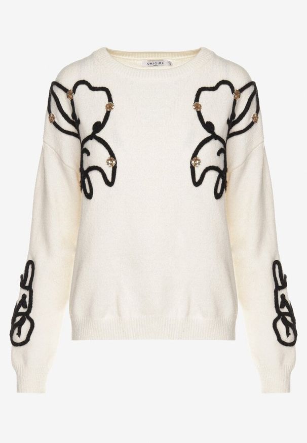 Born2be - Jasnobeżowy Sweter z Geometrycznym Wzorem i Cekinami Vitiara. Okazja: na co dzień, na spotkanie biznesowe. Kolor: beżowy. Długość rękawa: długi rękaw. Długość: długie. Wzór: geometria. Styl: casual, biznesowy, elegancki