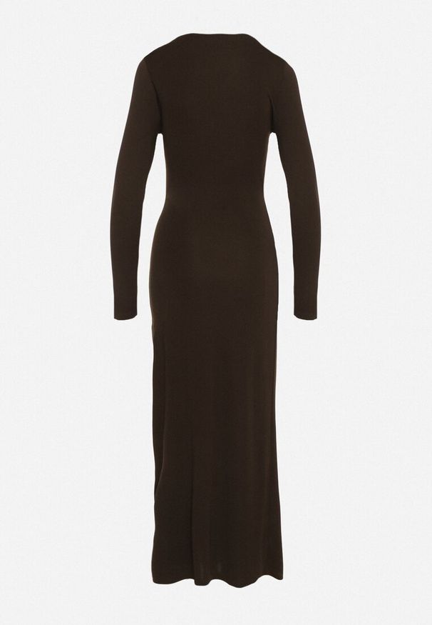 Born2be - Brązowa Sukienka Koktajlowa z Aplikacją z Marszczeniem na Biodrach Rariana. Okazja: na randkę, na imprezę. Kolor: brązowy. Długość rękawa: długi rękaw. Wzór: aplikacja. Styl: wizytowy