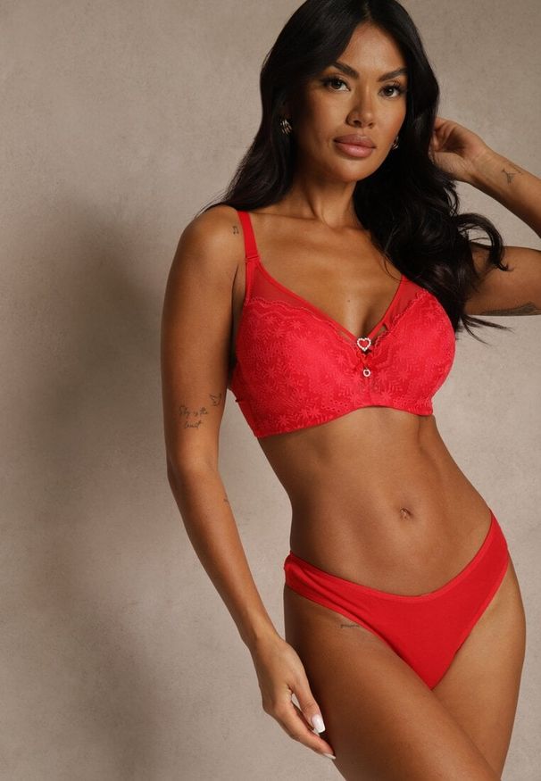 Renee - Czerwony Biustonosz z Koronki z Sercem z Cyrkonii Adrievianna. Kolor: czerwony. Materiał: koronka. Wzór: koronka