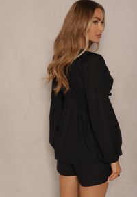 Renee - Czarny Komplet z Lnem Szorty i Bluzka z Wiązaniem i Falbanką Mirovenia. Kolor: czarny. Materiał: len. Wzór: aplikacja #4