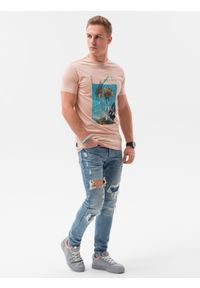 Ombre Clothing - T-shirt męski z nadrukiem S1434 V-14B - różowy - XXL. Kolor: różowy. Materiał: bawełna. Wzór: nadruk. Styl: klasyczny