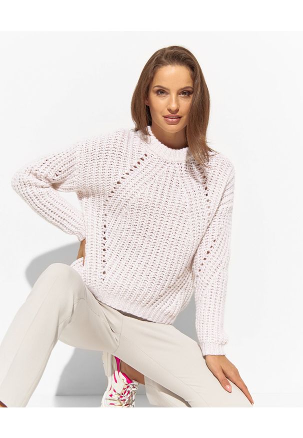 PESERICO - Różowy sweter ażurowy. Kolor: różowy, wielokolorowy, fioletowy. Materiał: wełna, jedwab, kaszmir. Długość rękawa: długi rękaw. Długość: długie. Wzór: ażurowy