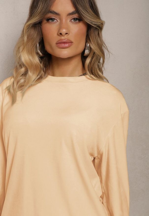 Renee - Beżowy Dresowy Welurowy Komplet z Dodatkiem Bawełny Bluzka i Spodnie Evisla. Kolor: beżowy. Materiał: dresówka, bawełna, welur