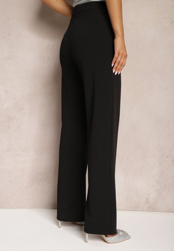 Renee - Czarne Eleganckie Spodnie High Waist o Szerokim Kroju z Wiskozą i Rozcięciami Yurlea. Okazja: do pracy, na spotkanie biznesowe. Stan: podwyższony. Kolor: czarny. Materiał: wiskoza. Styl: elegancki