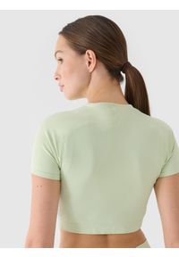 4f - 4F Crop top treningowy slim szybkoschnący damski - turkusowy XS/S. Kolor: turkusowy. Materiał: włókno, dzianina, materiał, syntetyk. Długość rękawa: raglanowy rękaw. Wzór: gładki, ze splotem. Sport: fitness