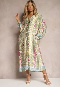Renee - Beżowo-Zielona Pudełkowa Sukienka z Satynowej Tkaniny w Ornamentalny Wzór Allilena. Kolor: beżowy. Materiał: satyna, tkanina #3