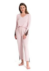 MOE - Długie Spodnie od Piżamy z Koronką - Różowe. Kolor: różowy. Materiał: koronka. Długość: długie. Wzór: koronka