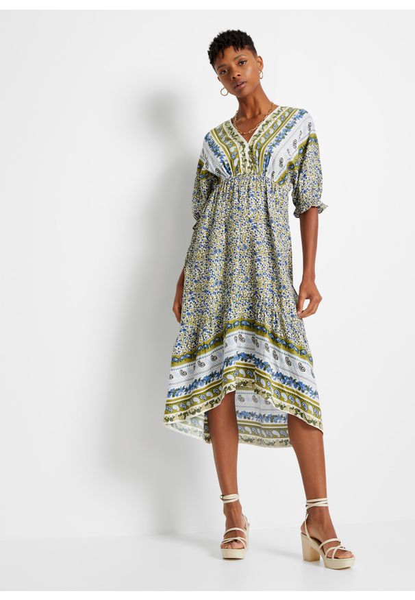 bonprix - Sukienka z dłuższym tyłem. Kolor: zielony