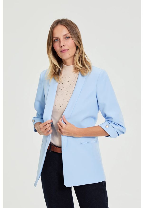 MOODO - Marynarka z marszczonymi rękawami błękitna. Kolor: niebieski. Materiał: poliester, elastan