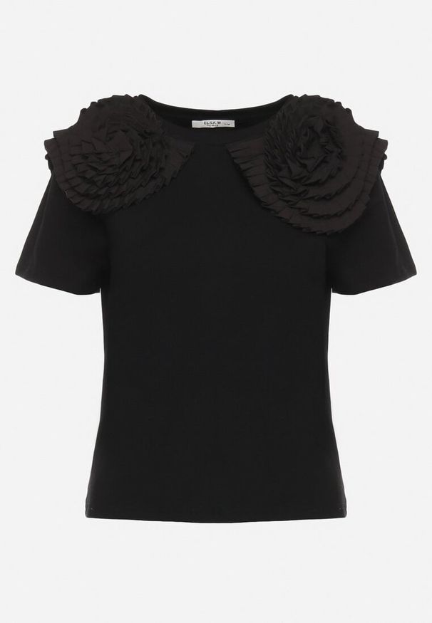 Born2be - Czarny Bawełniany T-shirt z Materiałową Aplikacją 3D Jolilena. Okazja: na spacer, na spotkanie biznesowe, na co dzień. Kolor: czarny. Materiał: materiał, bawełna. Wzór: aplikacja. Styl: klasyczny, biznesowy, casual, elegancki