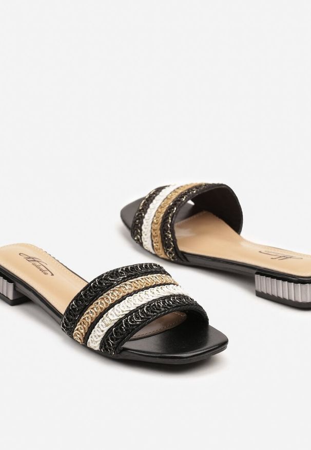 Renee - Czarne Klapki w Eleganckim Stylu z Metalicznymi Zdobieniami Zeonela. Okazja: na co dzień. Kolor: czarny. Materiał: jeans. Wzór: aplikacja. Obcas: na obcasie. Styl: elegancki. Wysokość obcasa: niski