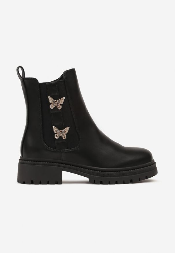 Born2be - Czarne Botki Sztyblety na Płaskiej Podeszwie Ozdobione Metalicznymi Motylkami 3D Zozinia. Okazja: na co dzień. Kolor: czarny. Materiał: jeans. Wzór: aplikacja. Obcas: na płaskiej podeszwie. Styl: klasyczny, casual. Wysokość obcasa: niski