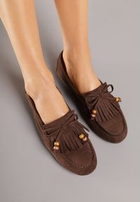 Renee - Brązowe Mokasyny z Koralikami Kokardą i Frędzlami Nahda. Okazja: na co dzień. Kolor: brązowy. Materiał: jeans. Styl: casual, street #4