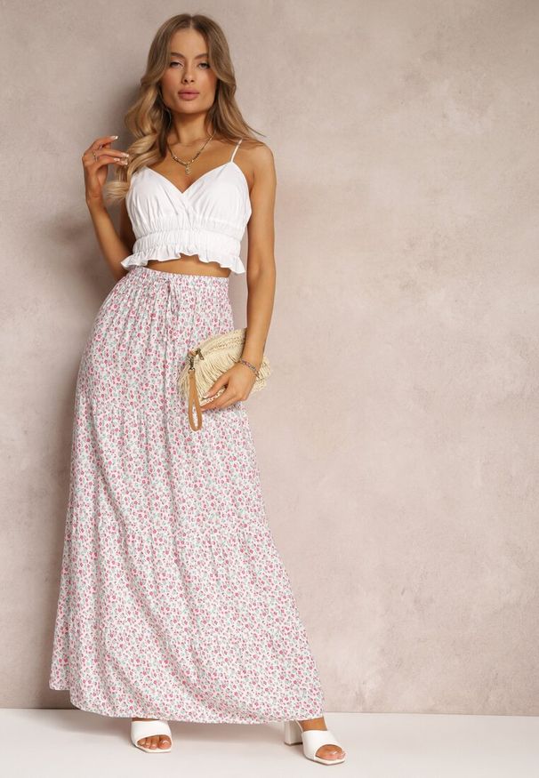 Renee - Biała Spódnica Maxi Bawełniana w Kwiatowy Wzór Rayegan. Kolor: biały. Materiał: bawełna. Wzór: kwiaty. Sezon: lato