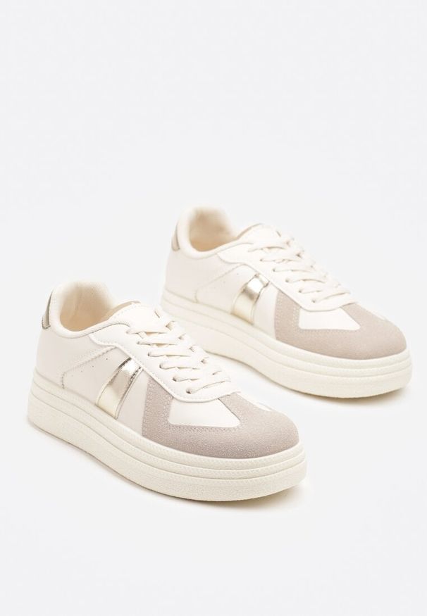 Born2be - Beżowo-Złote Sznurowane Sneakersy na Grubej Podeszwie z Geometrycznym Motywem Melmi. Okazja: na co dzień. Zapięcie: sznurówki. Kolor: beżowy. Materiał: jeans. Wzór: geometria